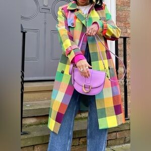 NEW $138 Rainbow Plaid Double-breasted Trench Coat